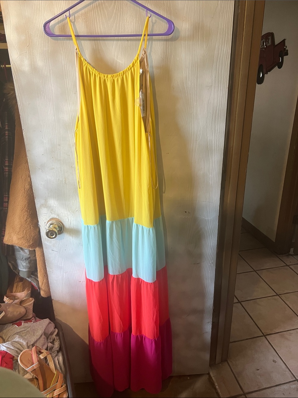 Sugarlips Yellow Blue Coral Fuchsia Tiered Maxi Dress